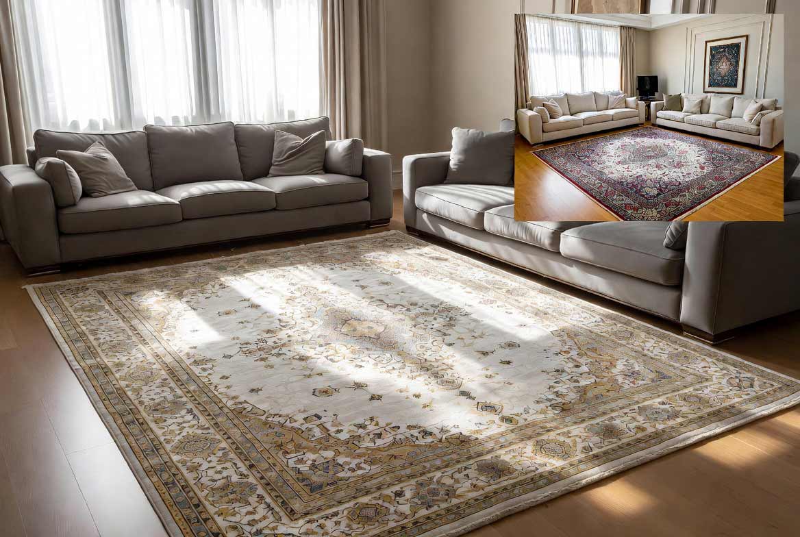 نمونه ست کردن فرش ایرانی با مبلمان مدرن و گیاهان آپارتمانی بزرگ در فضای نشیمن روشن - دکوراسیون لوکس ایرانی